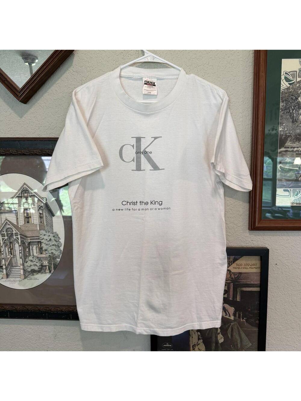 Vintage 90s Christ Is King RARE Calvin Klein White Designer Jesus Shirt Sz Large